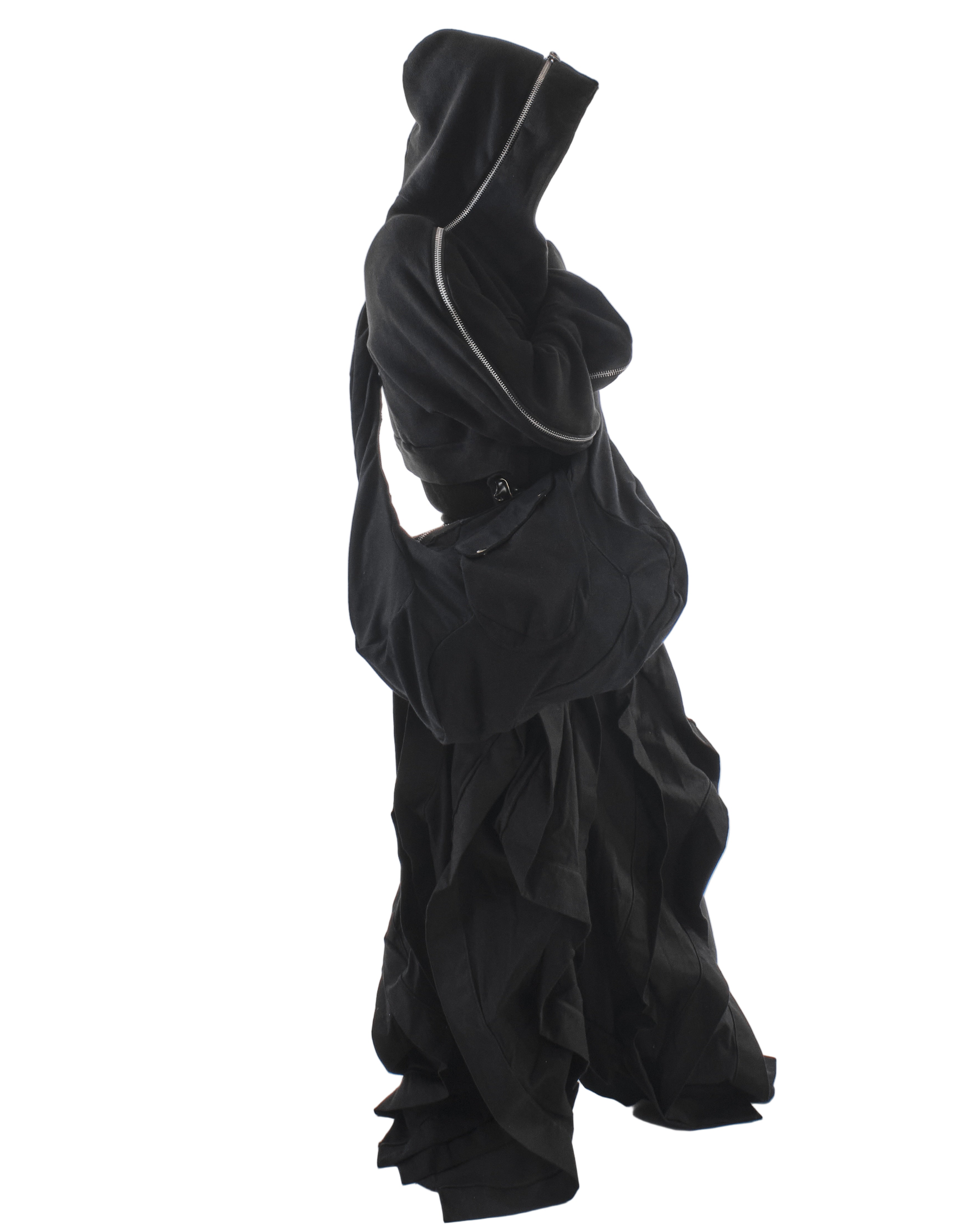 Black hooded garment on a white background
