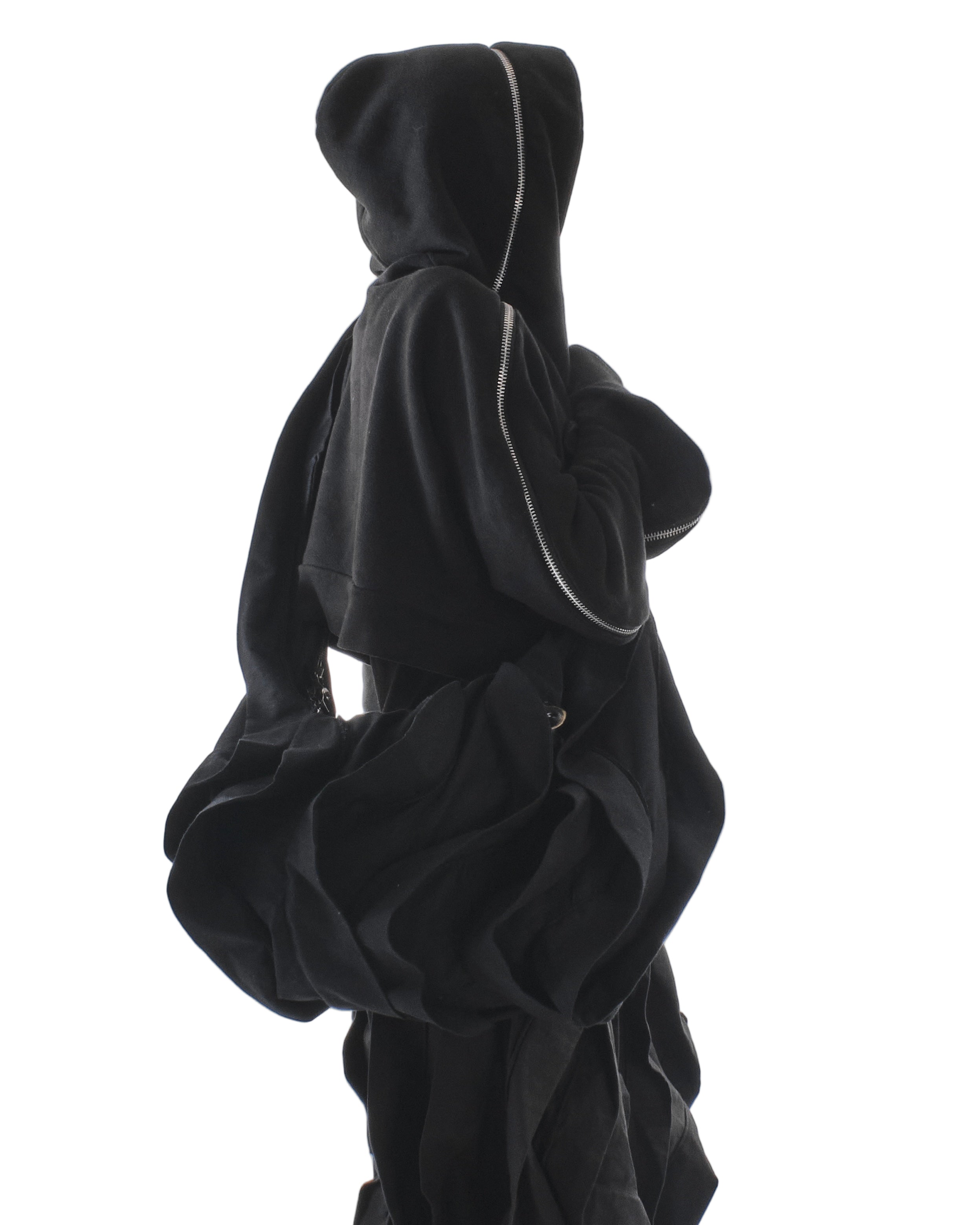 Black hooded garment on a white background