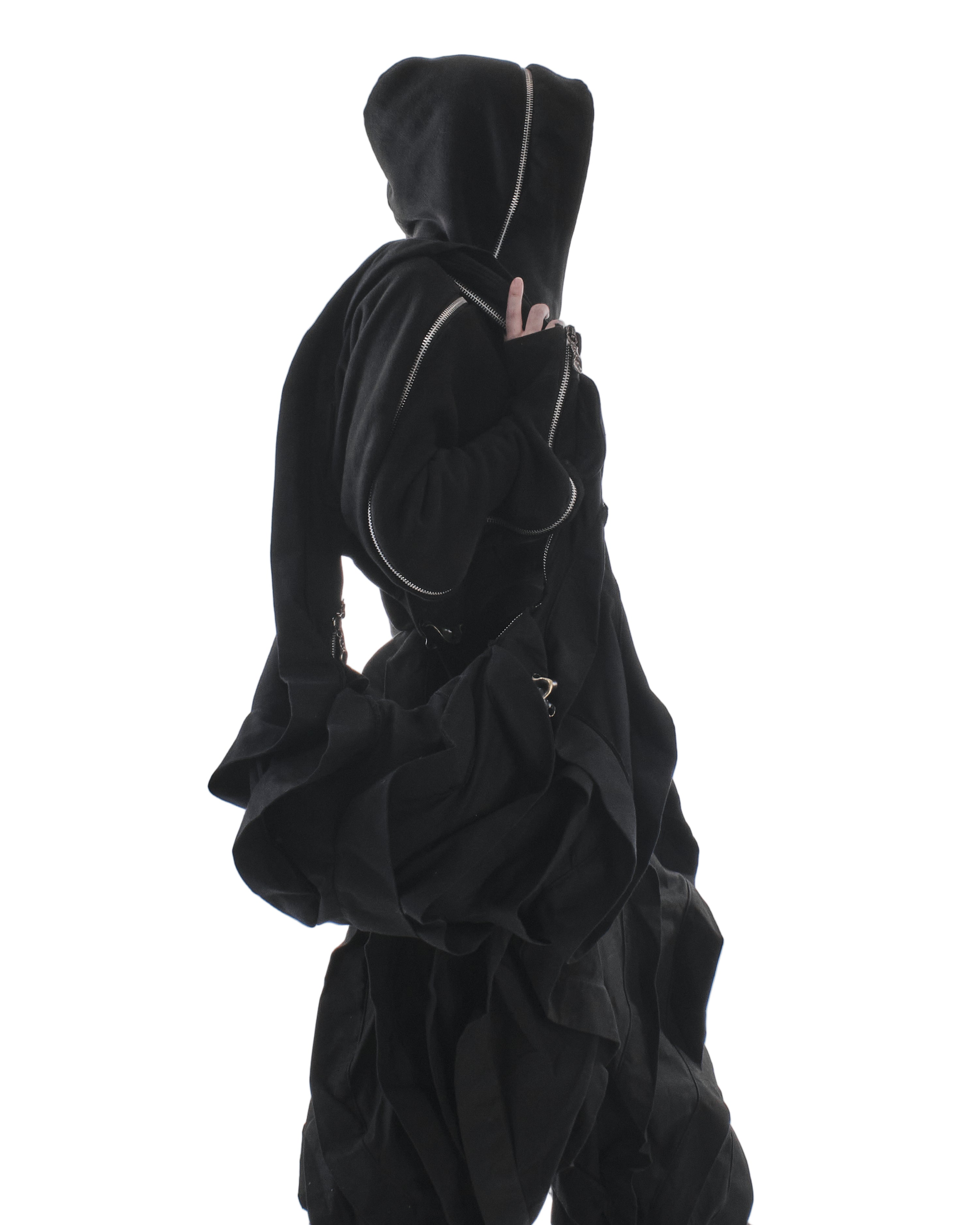 Black hooded garment on a white background