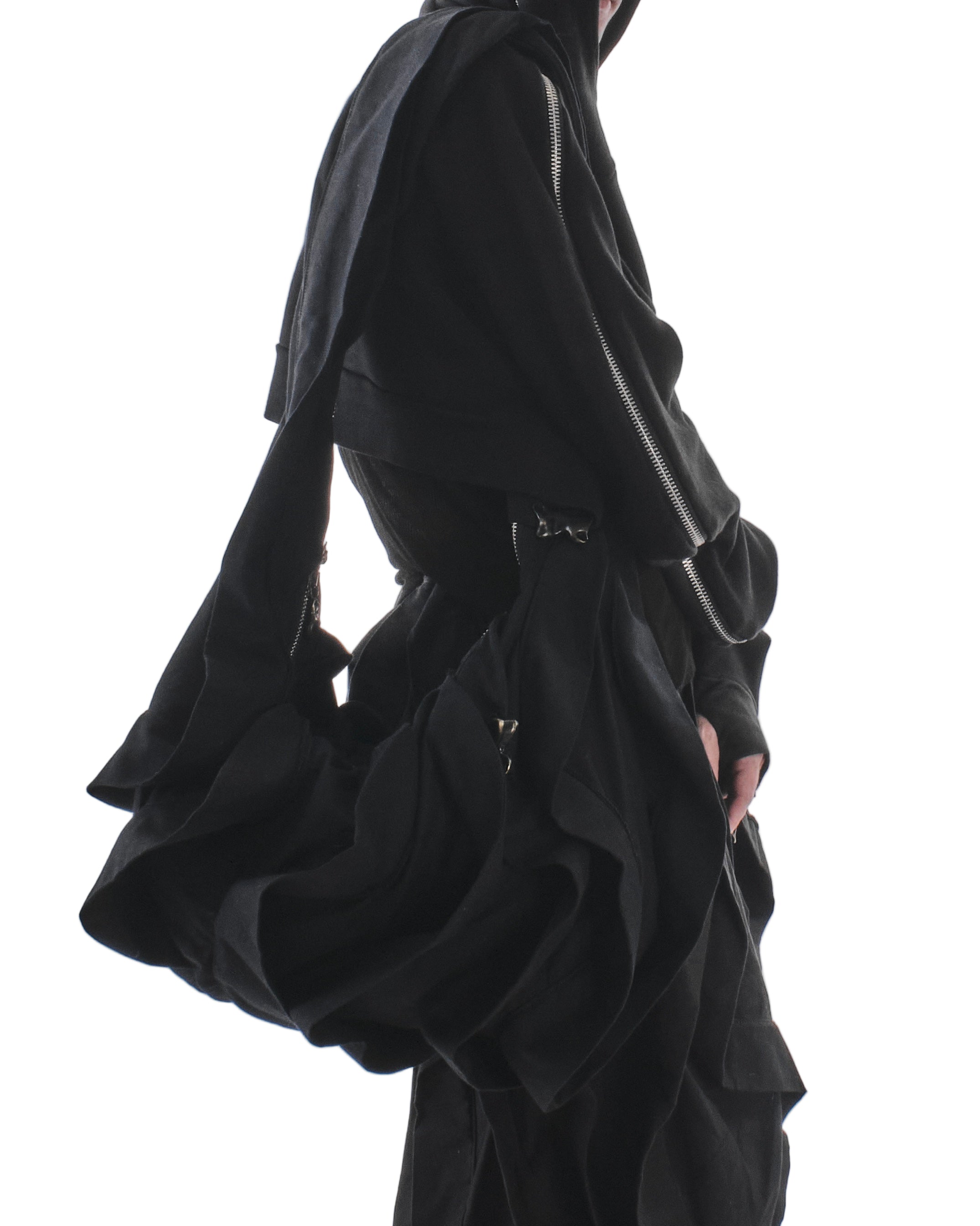 Black hooded jacket with a zipper on a white background