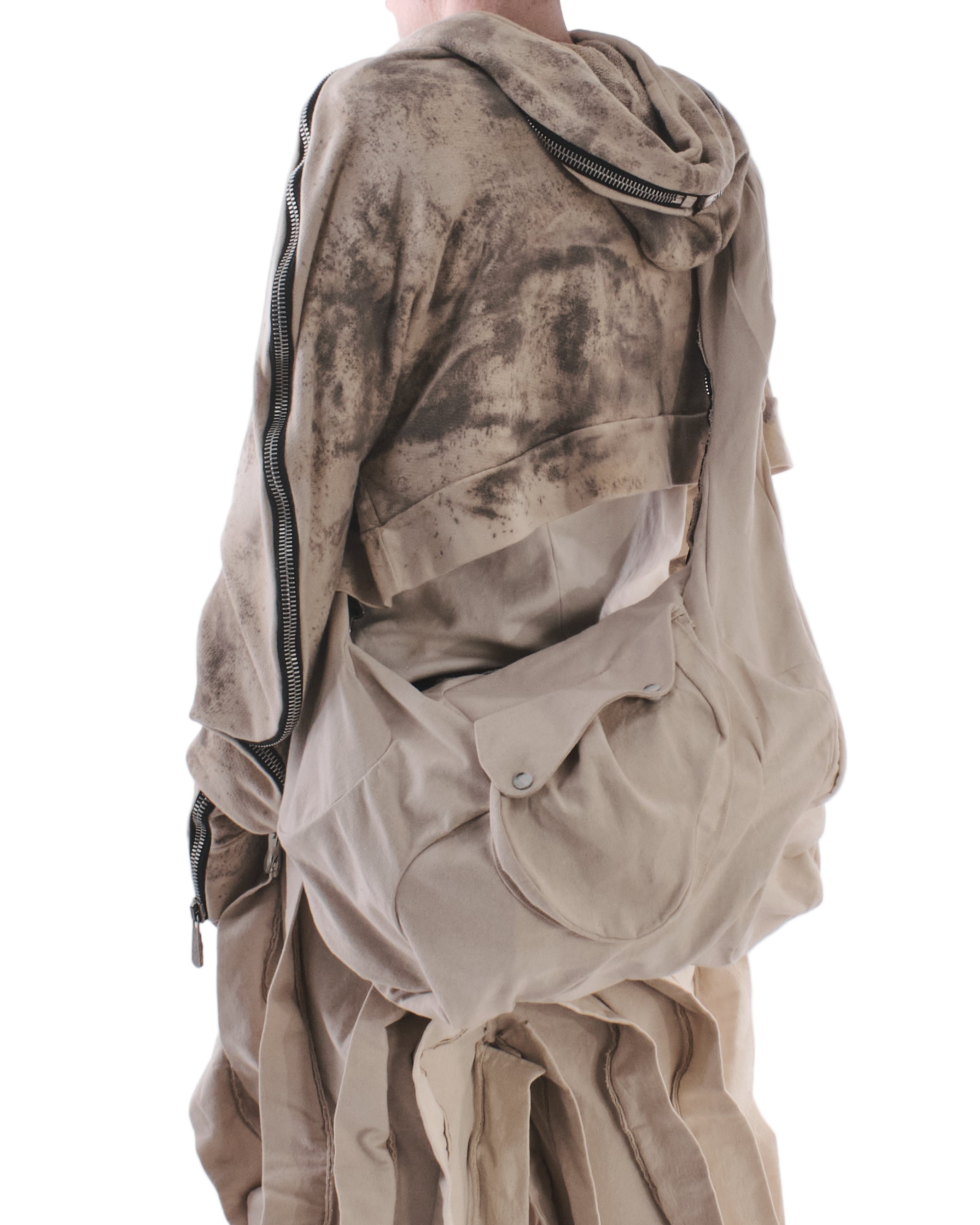 Beige hooded jacket with a textured pattern on a white background