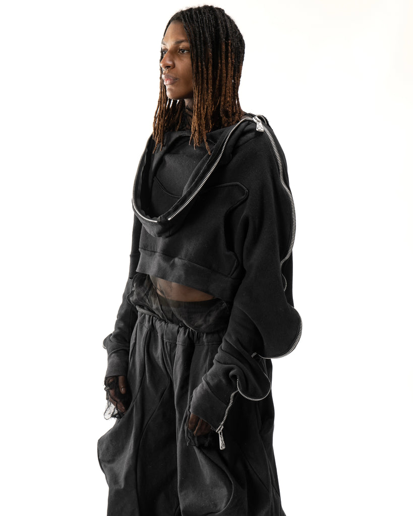 CROPPED BLACK METAMORPHIC  BUBBLE HOODIE