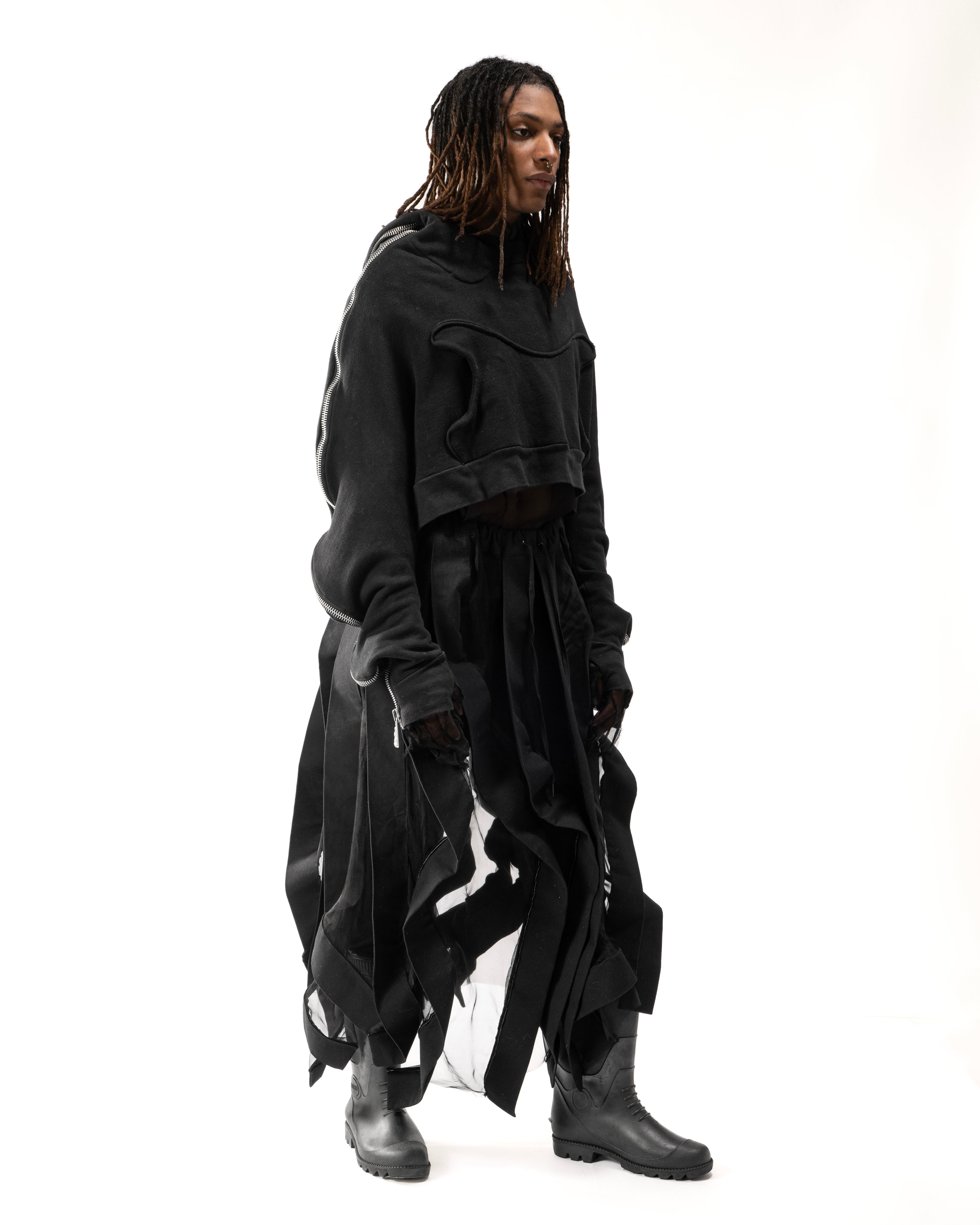 BLACK REVERSIBLE SHEER POST HUMAN SKIRT