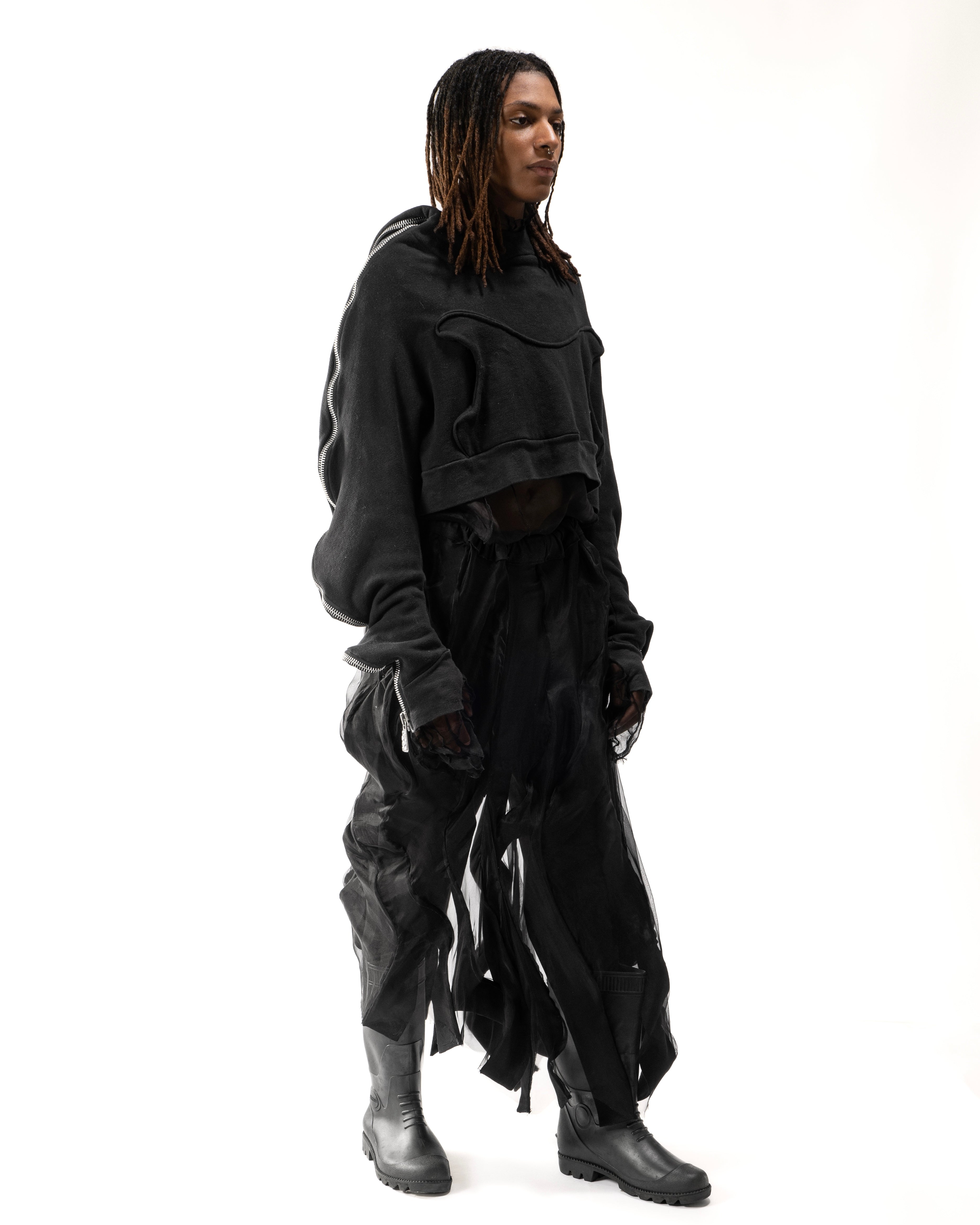 BLACK REVERSIBLE SHEER POST HUMAN SKIRT